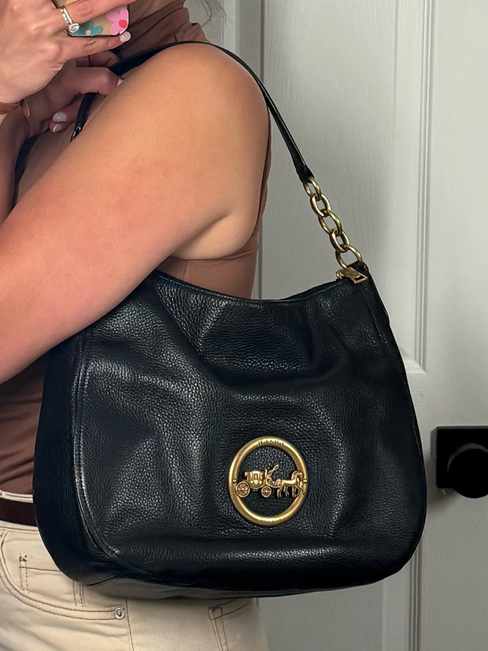 Coach Elle Hobo Black Pebbled Leather Shoulder Bag with Gold Hardware